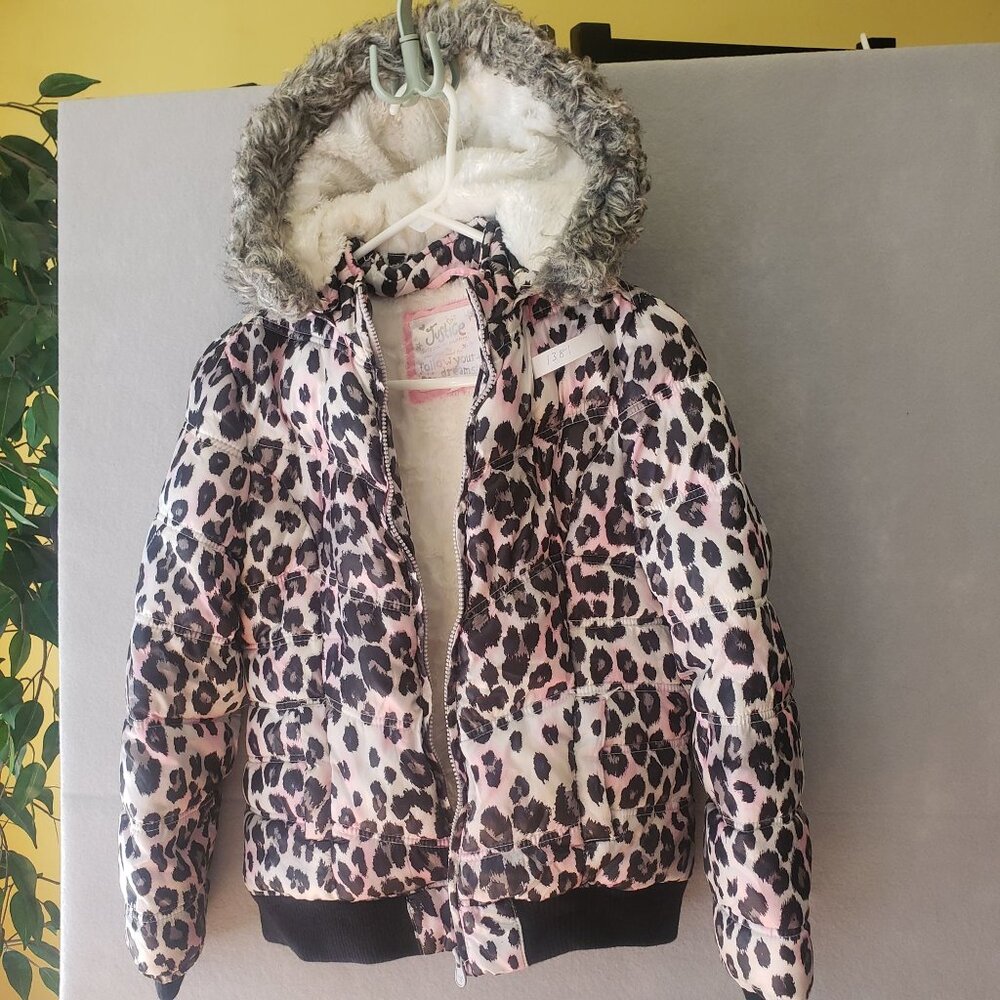 Justice Girls Leopard Print Winter Jacket Faux Fur Hood Interior Size L 12 14 - Picture 1 of 10